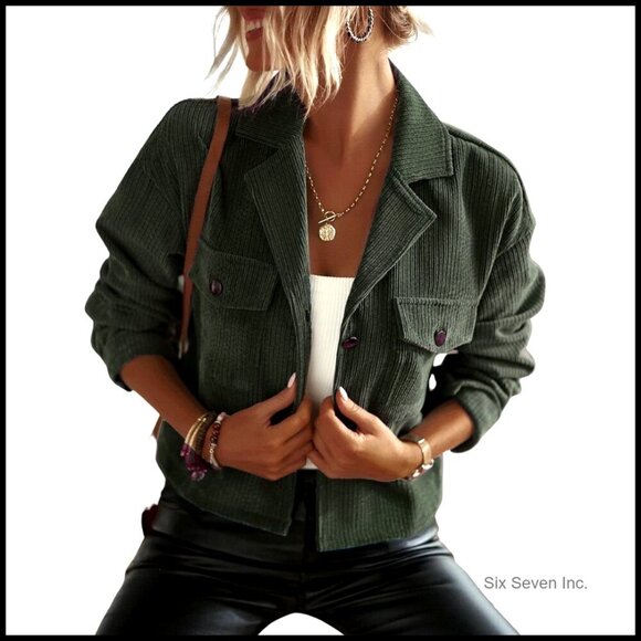 Jackets & Blazers - Corduroy Cropped Shacket Casual Button Down Relaxed Fit Y2K Trendy Blazer
